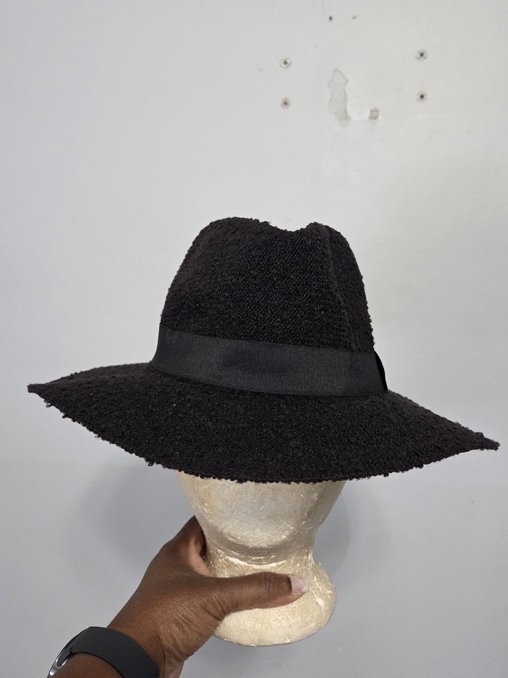 Women's Black Chenille Knit Wide Brim Fedora with Grosgrain Band